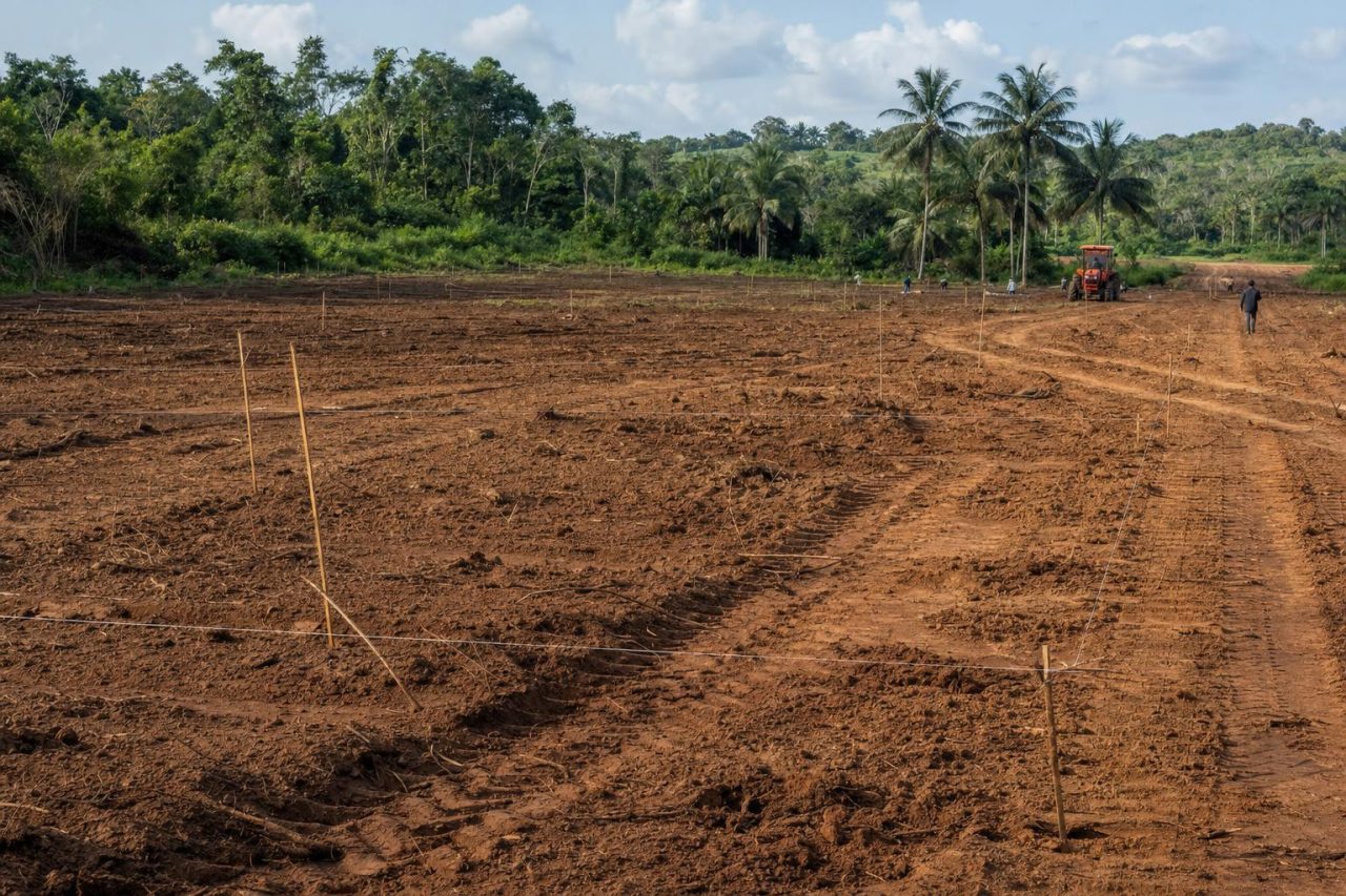 Cleared land with surveyed planting positions marked by stakes during land preparation