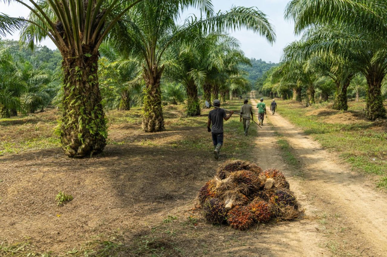 Estate workers walking an oil palm estate road past a stack of harvested fresh fruit bunches