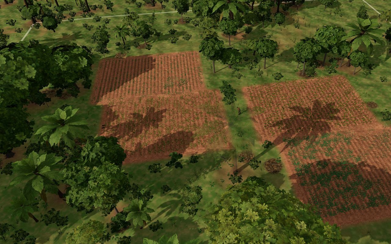 Seen from above in Qimo Farm World: four fields of cassava, sweet potato, pepper and cucumber on red earth, with trees around the farm.