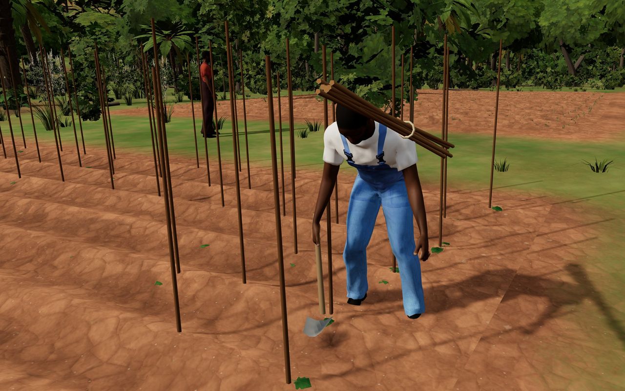 A farm worker in Qimo Farm World carrying a bundle of stakes and setting one beside each cucumber plant.